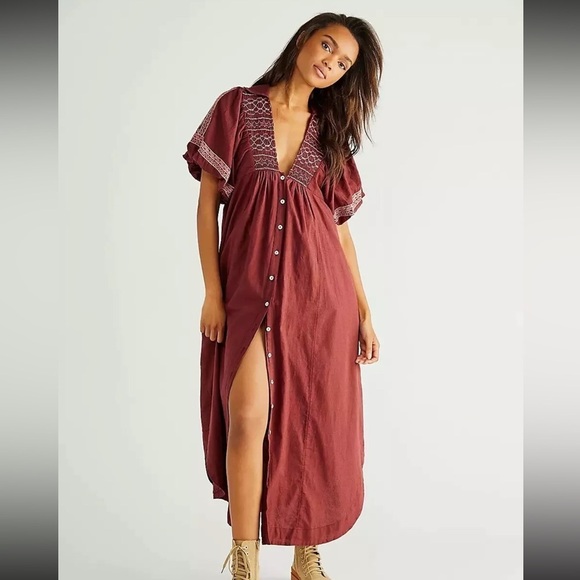 Free People Samantha Embroidered Puff Sleeve Button Front Maxi Dress Medium - Picture 3 of 16